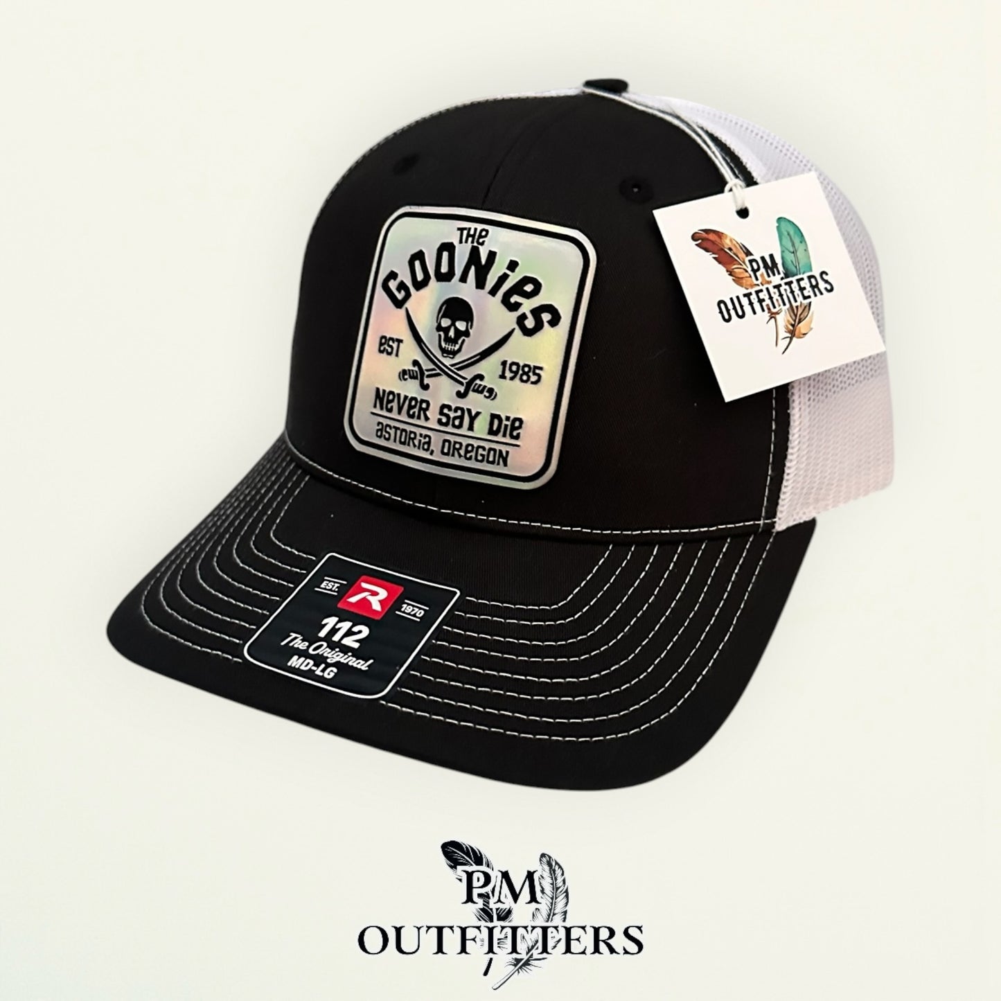 The Goonies Never Say Die Trucker Hat – PM Outfitters Holographic Vegan Leather Patch | Richardson 112 Black White