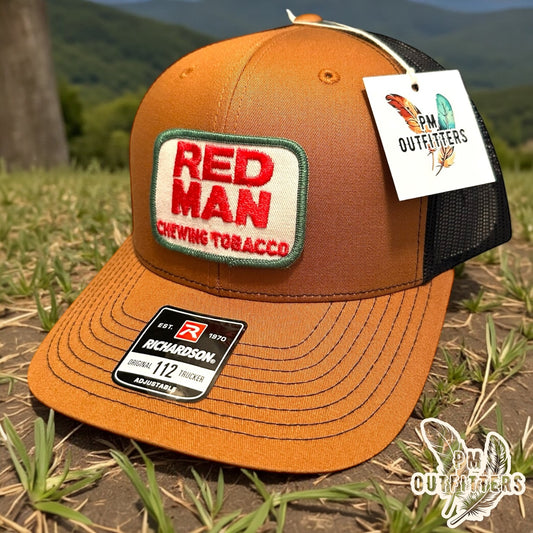 Red Man Chewing Tobacco Vintage Patch Hat - Authentic 1970s-80s | Richardson 112 Caramel Black Baseball