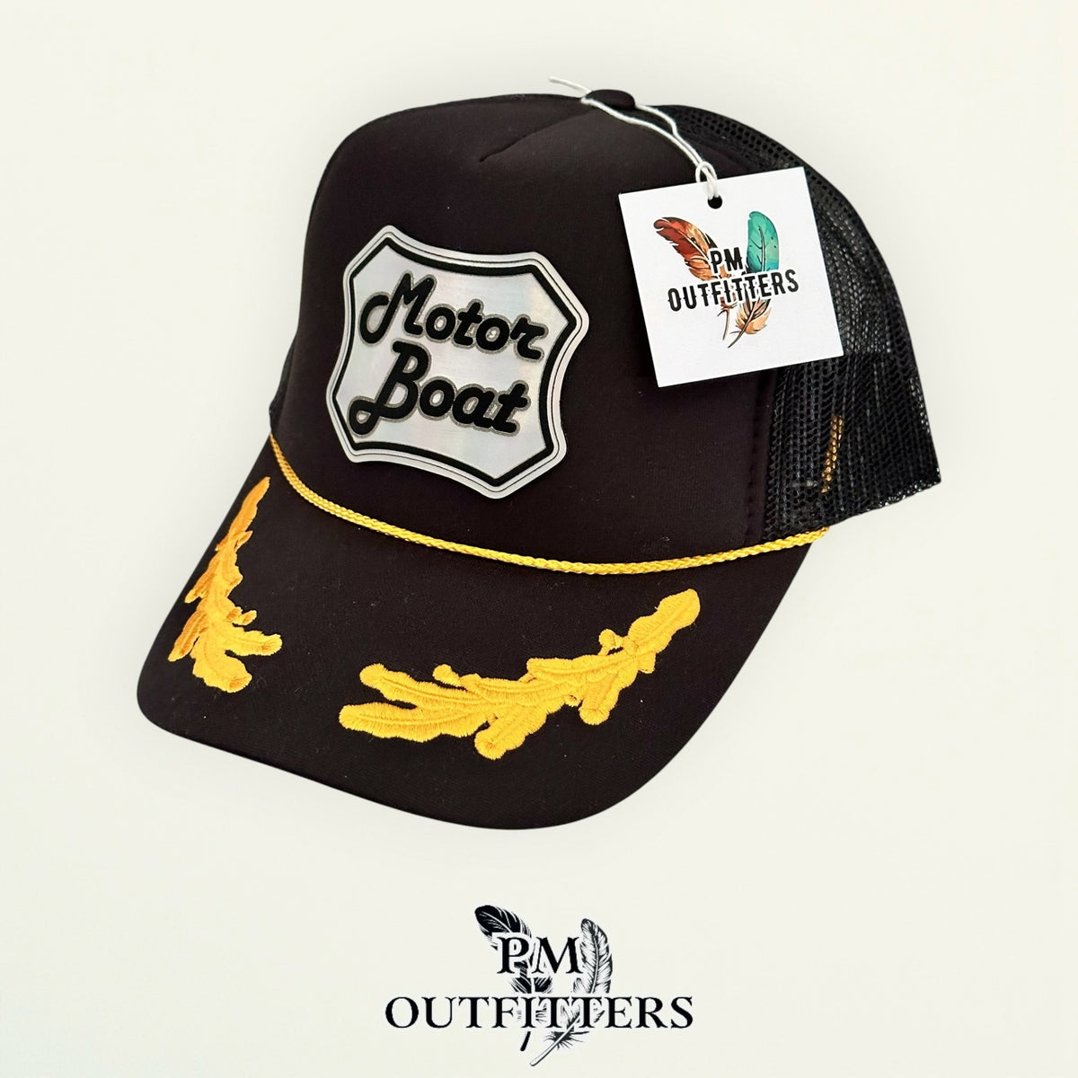 Motor Boat Captain trucker hat gold rope trim captain leaf brim embroidery