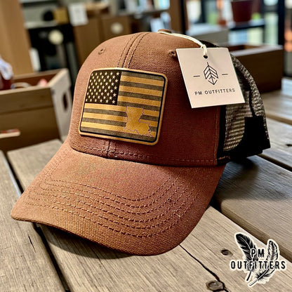 PM Outfitters Custom Design American Flag LA DriDuck Canvas Trucker Hat
