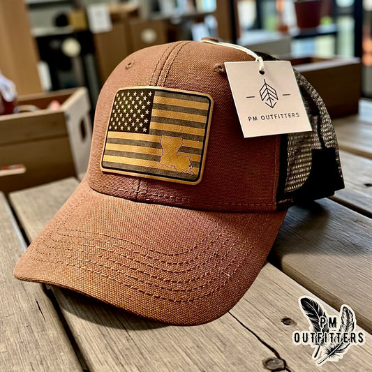 PM Outfitters Custom Design American Flag LA DriDuck Canvas Trucker Hat