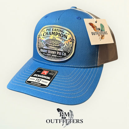 Pie Eating Champion Hat - PM Outfitters Holographic Patch | Richardson 112 Columbia Blue Gray Humor