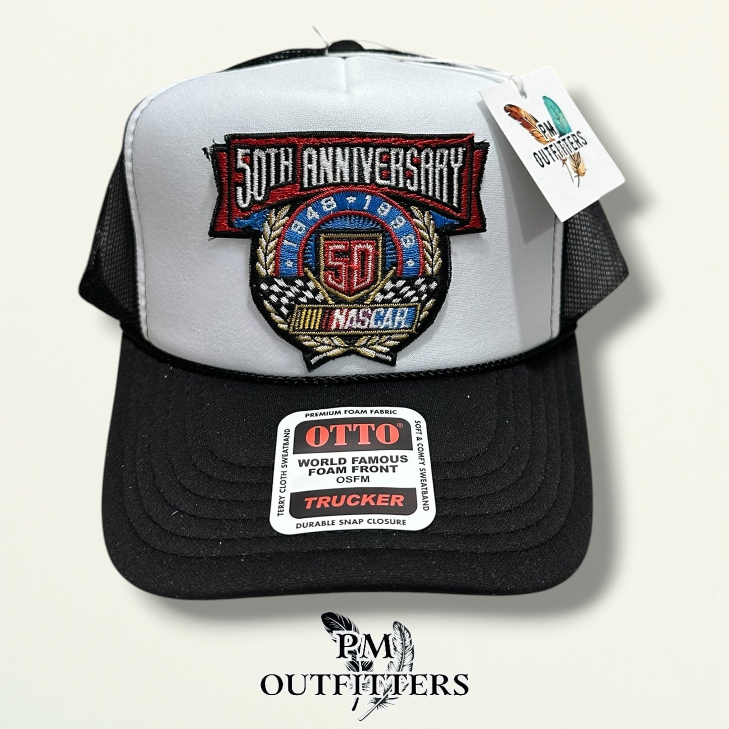 NASCAR 50th Anniversary Trucker Hat – PM Outfitters True Vintage Patch | Otto Foam Rope Black & White