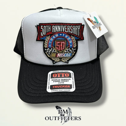 NASCAR 50th Anniversary Trucker Hat – PM Outfitters True Vintage Patch | Otto Foam Rope Black & White