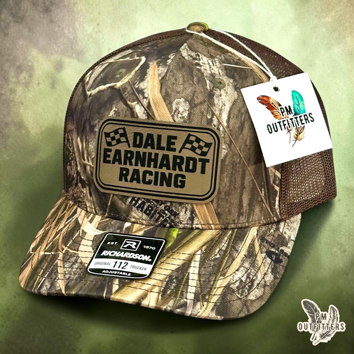 PM Outfitters Dale Earnhardt Racing trucker hat Mossy Oak Habitat camo Richardson 112 vegan leather patch