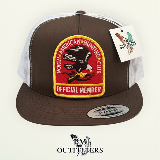 PM Outfitters vintage North American Hunting Club official member authentic vintage patch Yupoong 6006 brown white