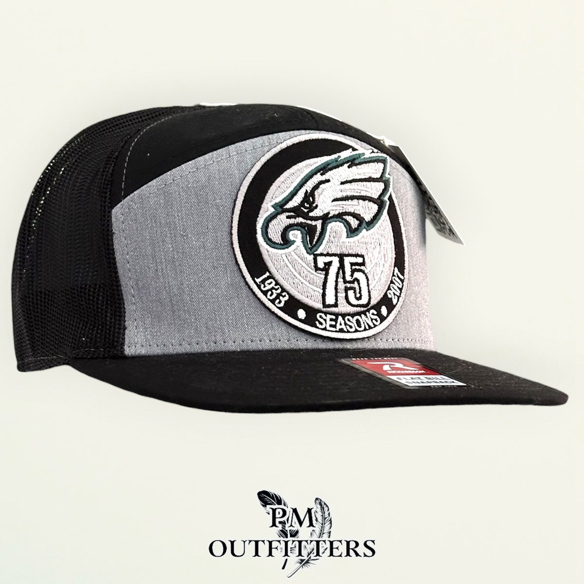 PM Outfitters Philadelphia Eagles 75th Anniversary embroidered patch Richardson 168 black gray trucker hat