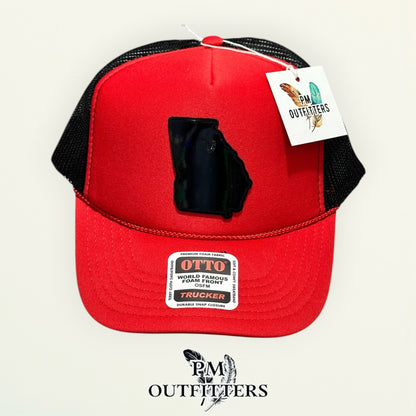 PM Outfitters Georgia Bulldogs holographic vegan leather state outline patch Otto foam front rope red black trucker hat