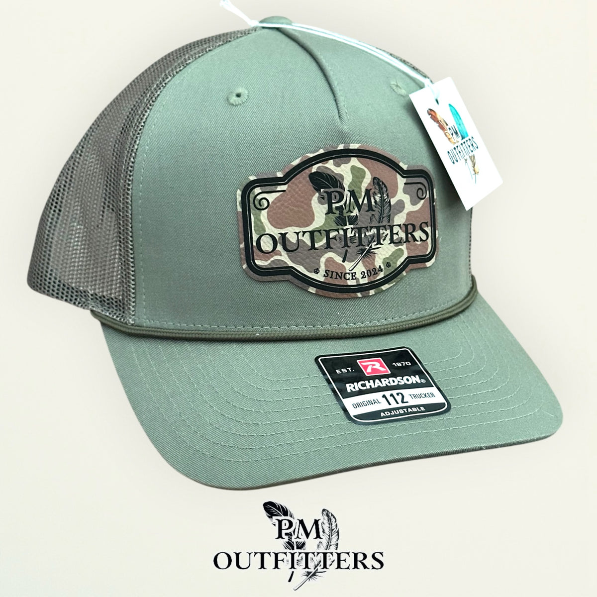 PM Outfitters trucker hat profile view loden green rope brim
