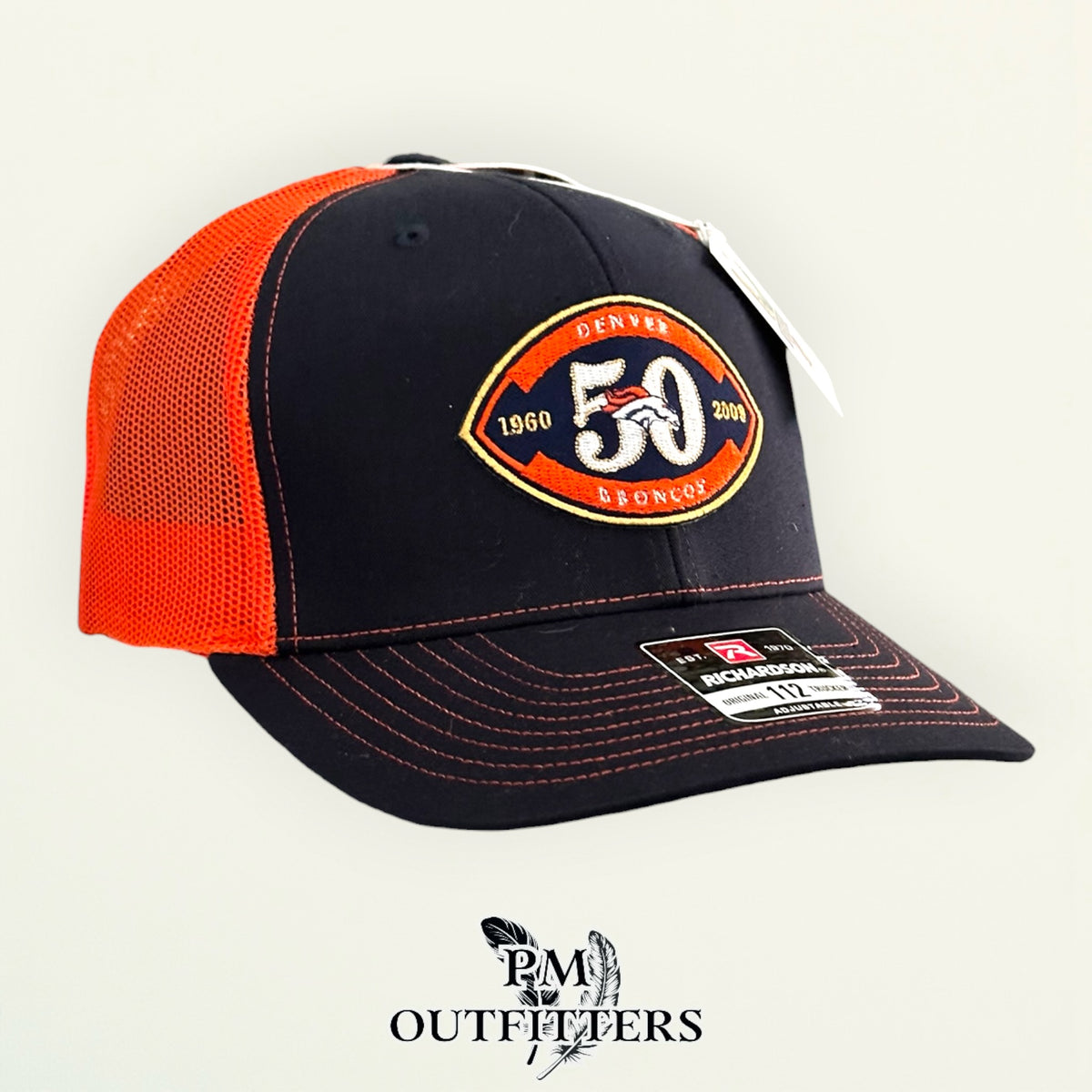 PM Outfitters Denver Broncos 50th Anniversary embroidered patch Richardson 112 black orange trucker hat