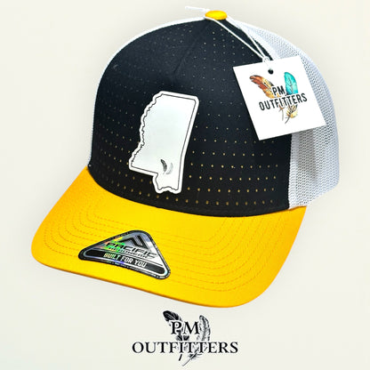 PM Outfitters Southern Miss white vegan leather state outline patch Pacific Headwear 105P black gold white trucker hat