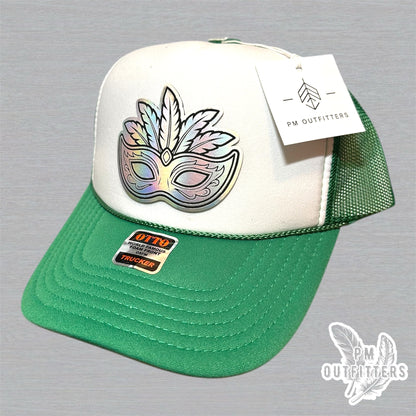 Mardi Gras Holographic Mask Trucker Hat - Green & White Otto Foam Front