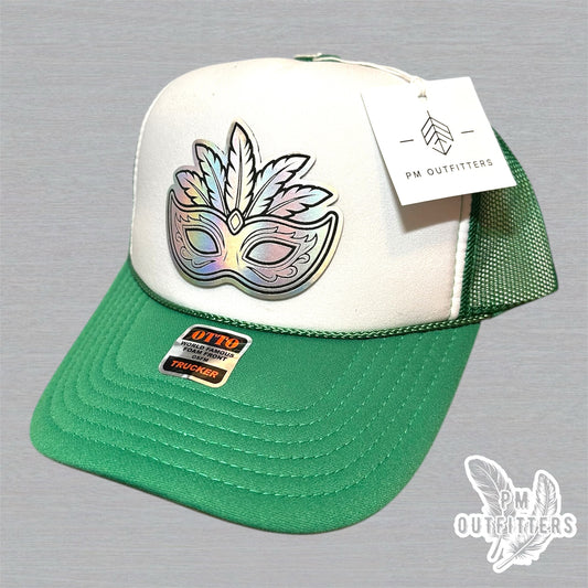 Mardi Gras Holographic Mask Trucker Hat - Green & White Otto Foam Front