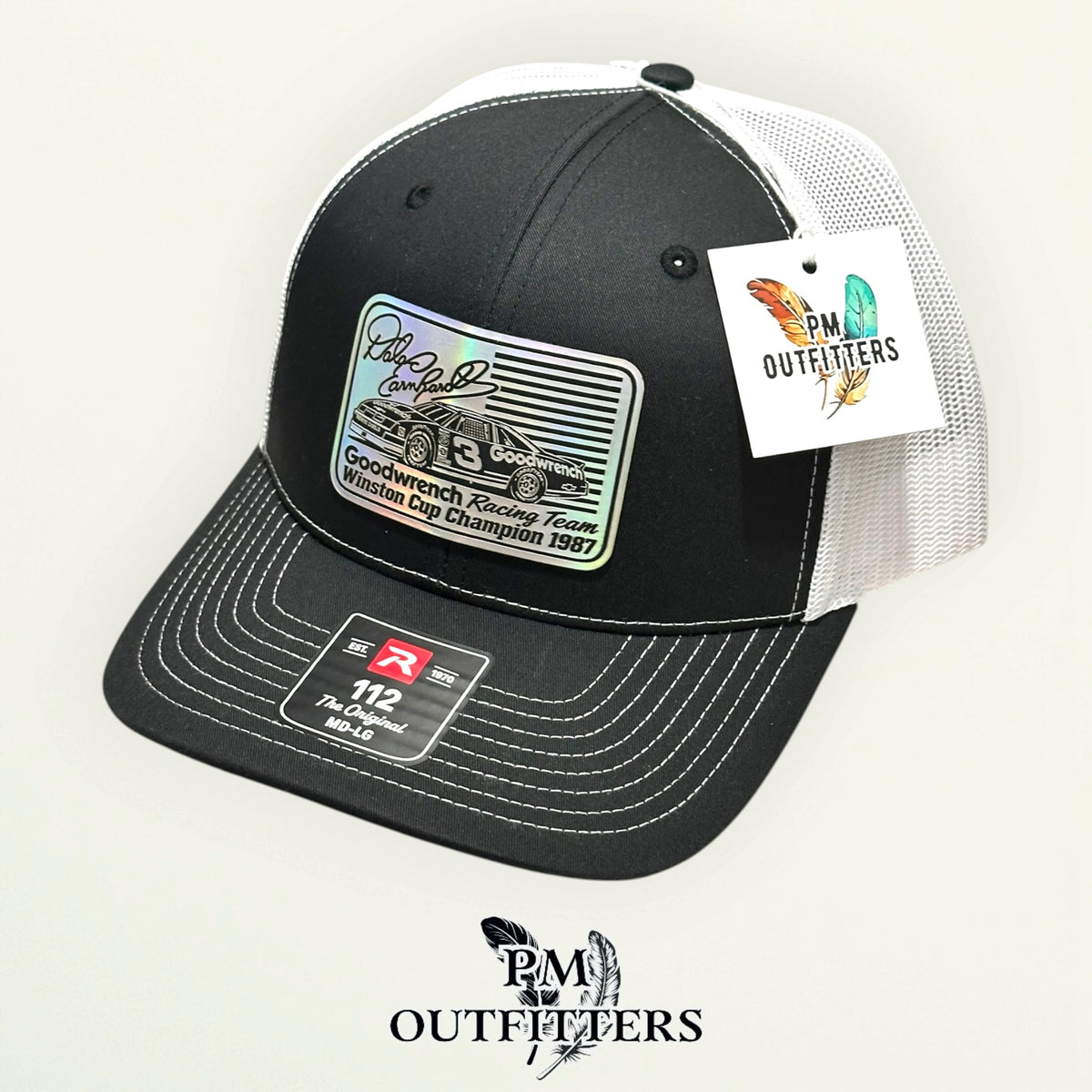 PM Outfitters hang tag Dale Earnhardt 1987 black white trucker hat