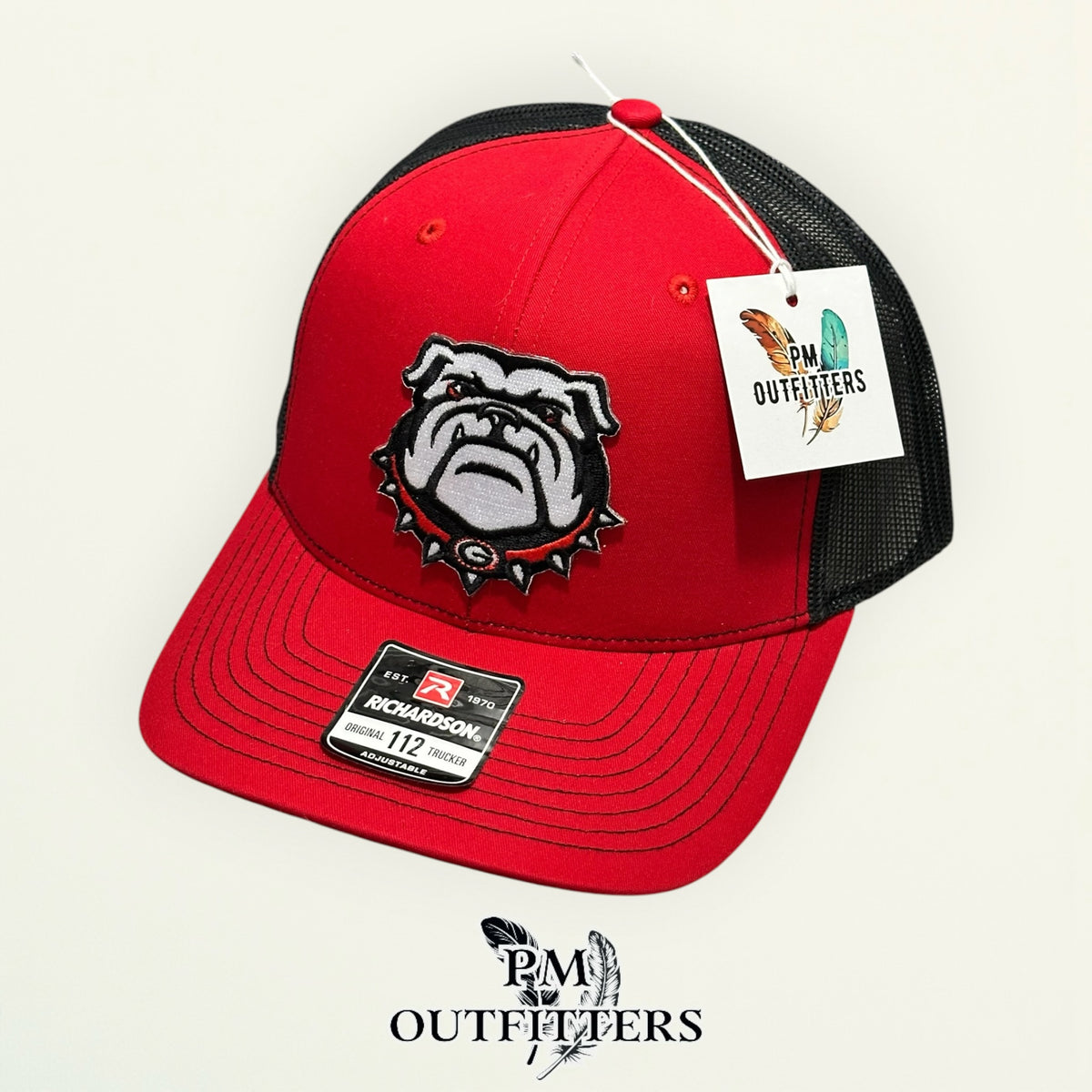 PM Outfitters Georgia Bulldogs mascot head embroidered patch Richardson 112 red black trucker hat