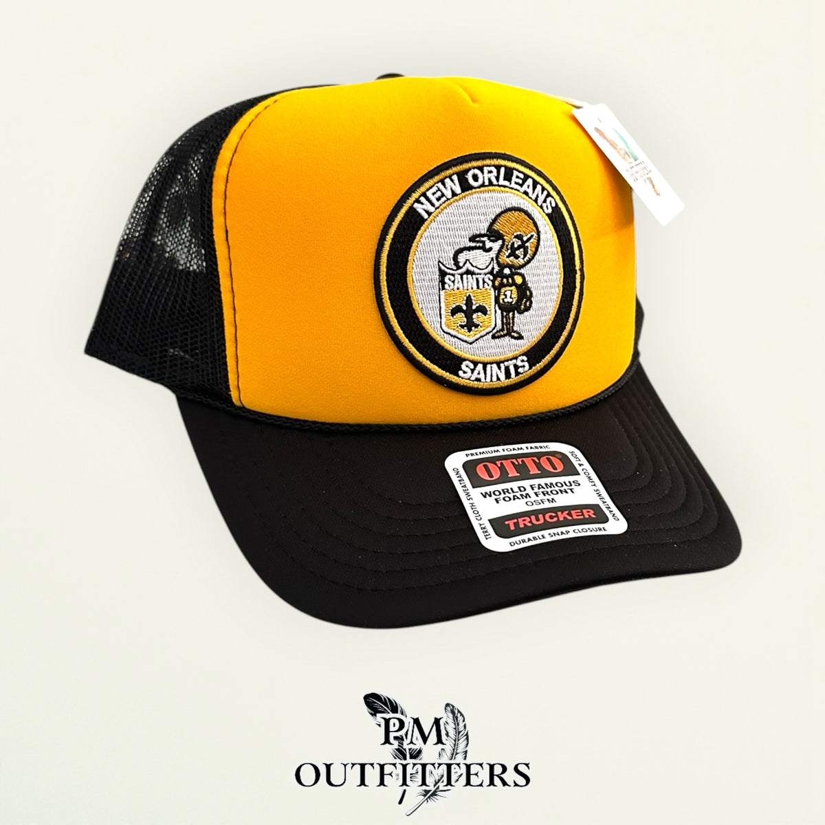 PM Outfitters New Orleans Saints Sir Saint retro embroidered patch Otto foam front rope gold black trucker hat