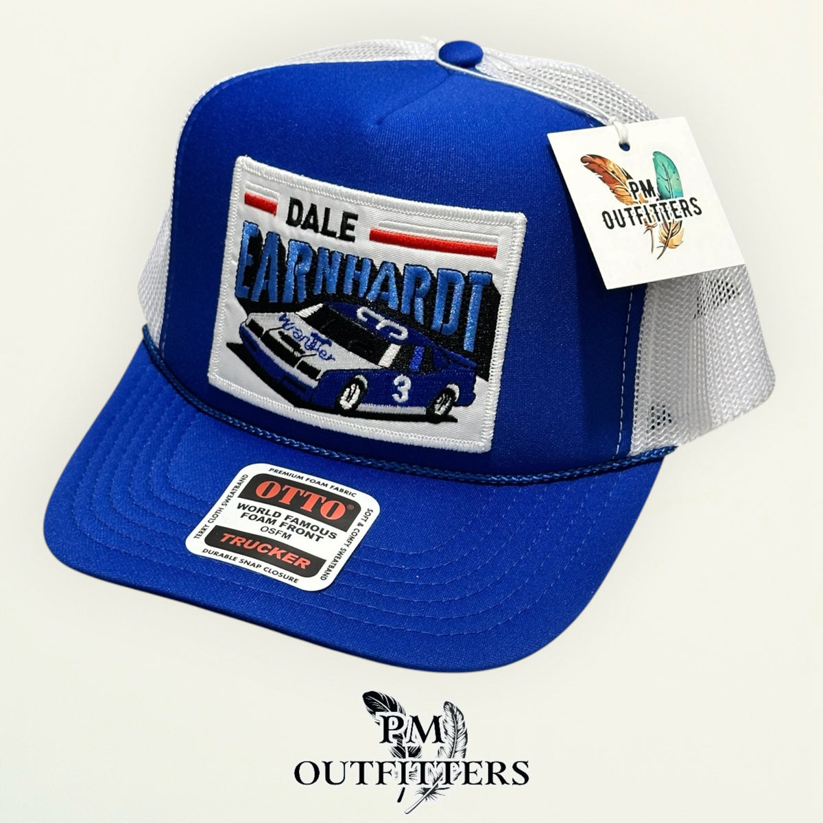 PM Outfitters hang tag Dale Earnhardt Wrangler blue white trucker hat