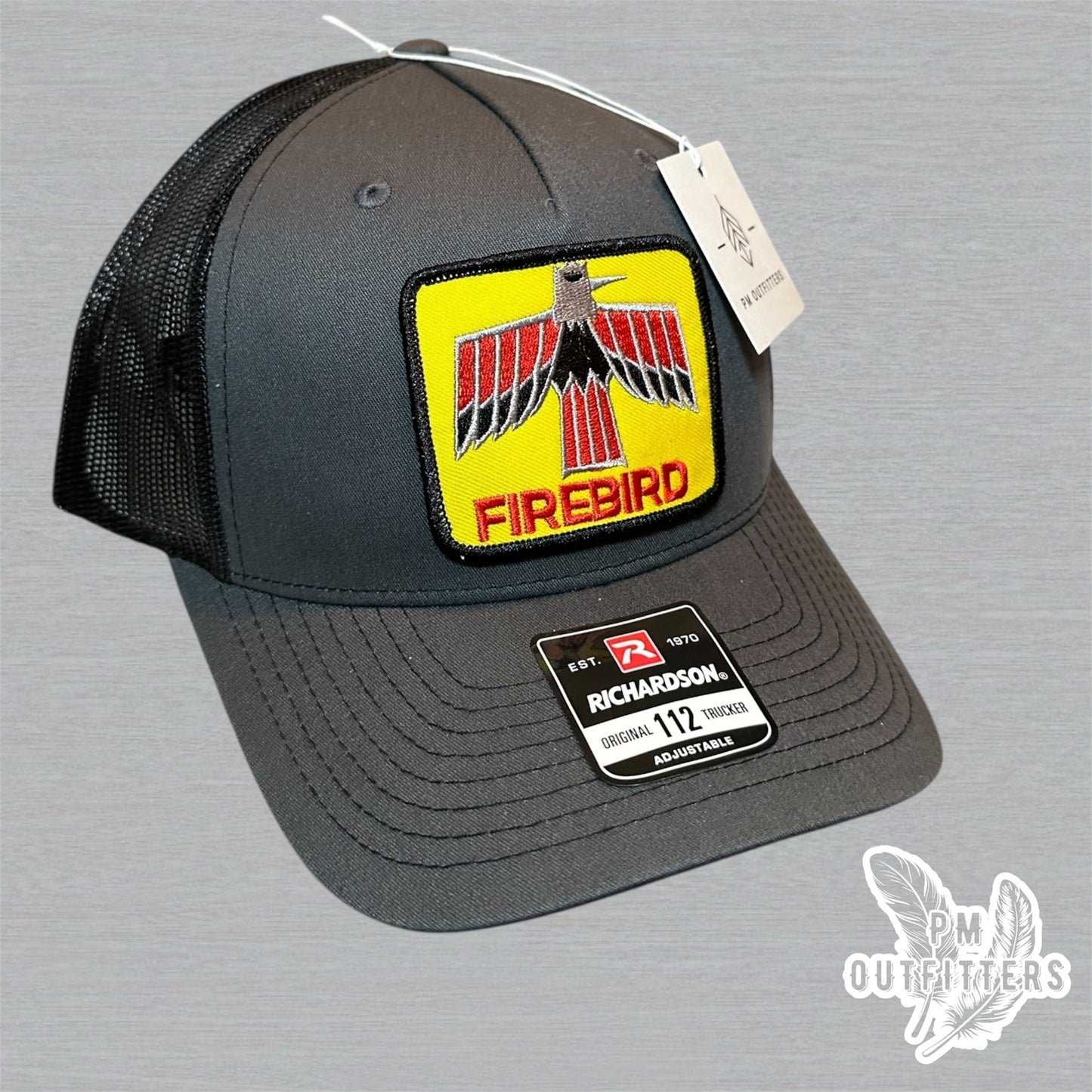 Vintage Firebird Logo Patch Charcoal and Black Richardson 112 Five-Panel Trucker Hat