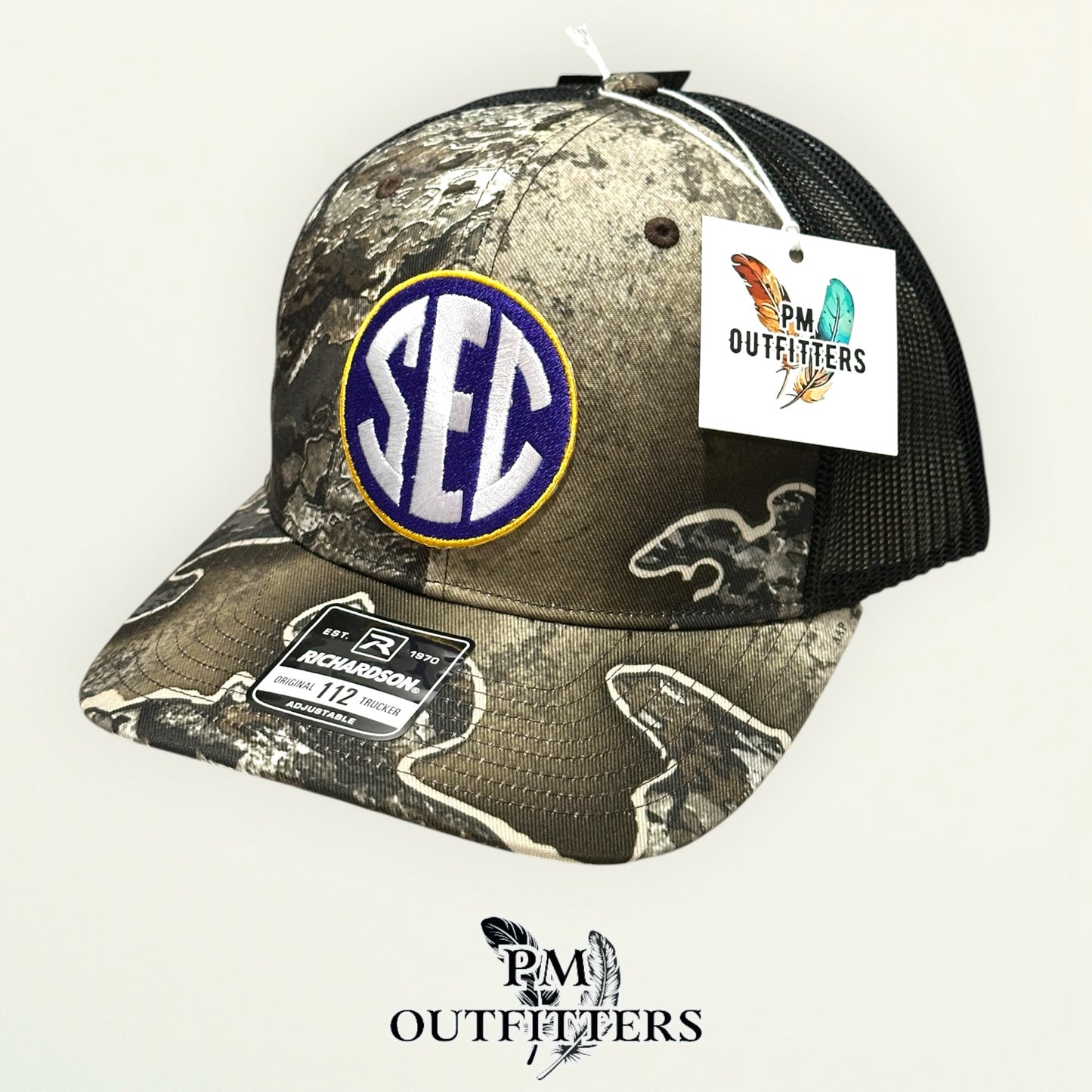 LSU SEC Jersey Patch Trucker Hat | PM Outfitters Richardson 112 Realtree Excape Camo | Purple & Gold