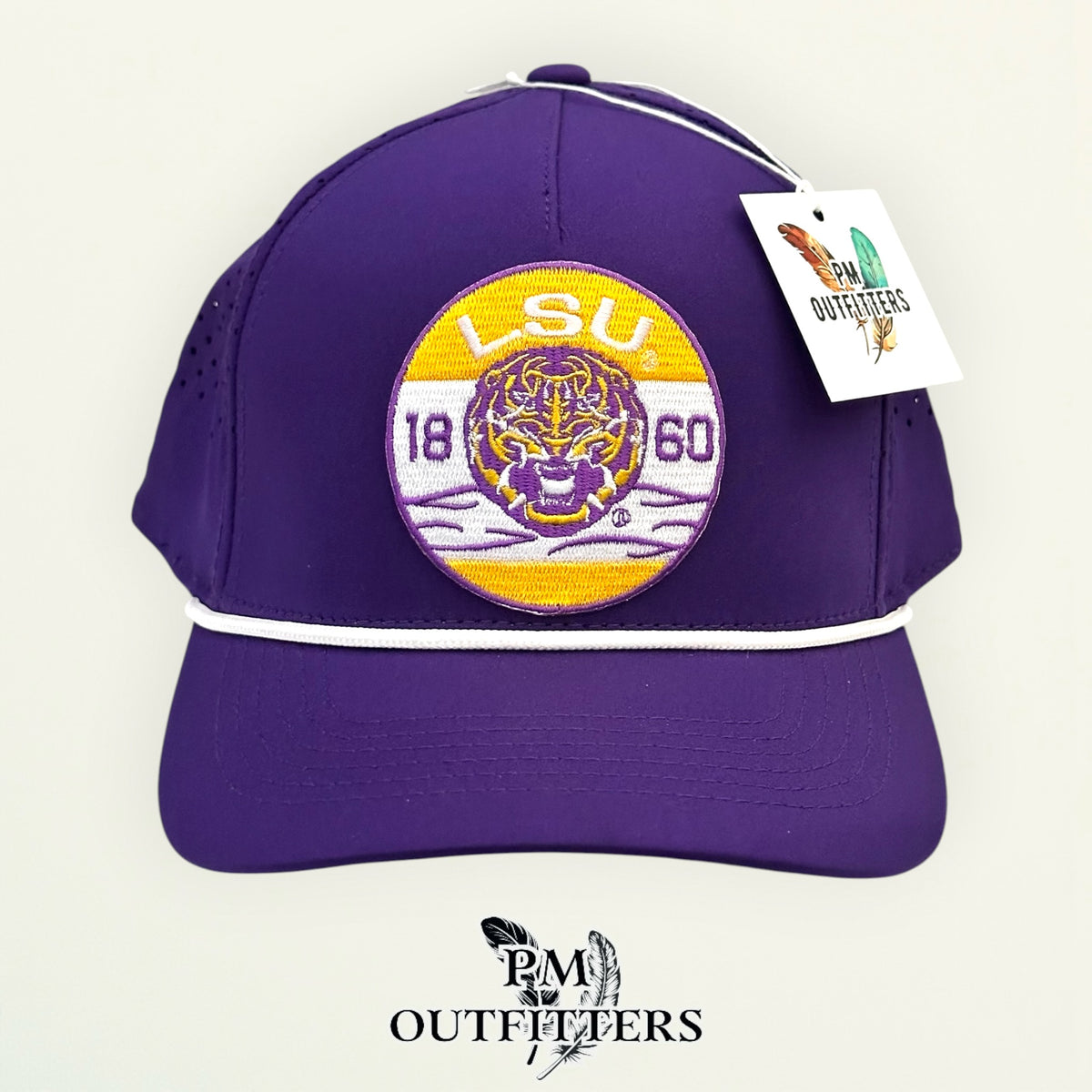 PM Outfitters LSU 1860 embroidered patch Outdoor Cap OC551PF purple white performance rope cap