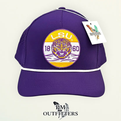 PM Outfitters LSU 1860 embroidered patch Outdoor Cap OC551PF purple white performance rope cap