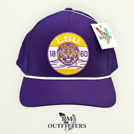 PM Outfitters LSU 1860 embroidered patch Outdoor Cap OC551PF purple white performance rope cap
