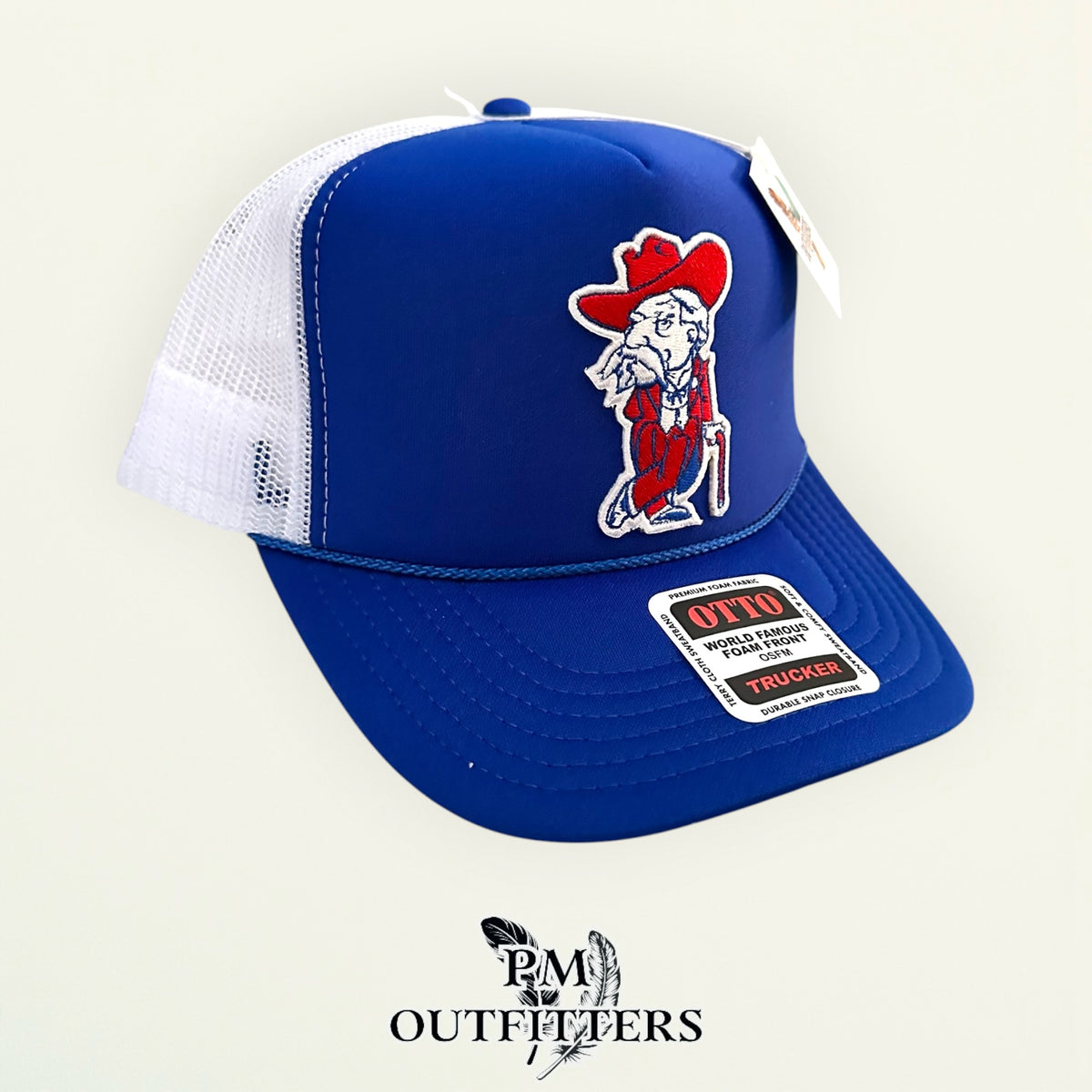 PM Outfitters Ole Miss Colonel Reb retro mascot patch Otto foam front rope royal blue white trucker hat