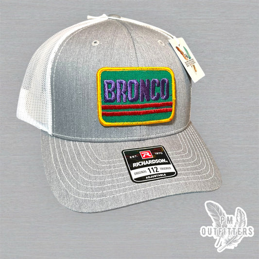 Ford Bronco Vintage Patch Trucker Hat - Richardson 112 Heather Gray White