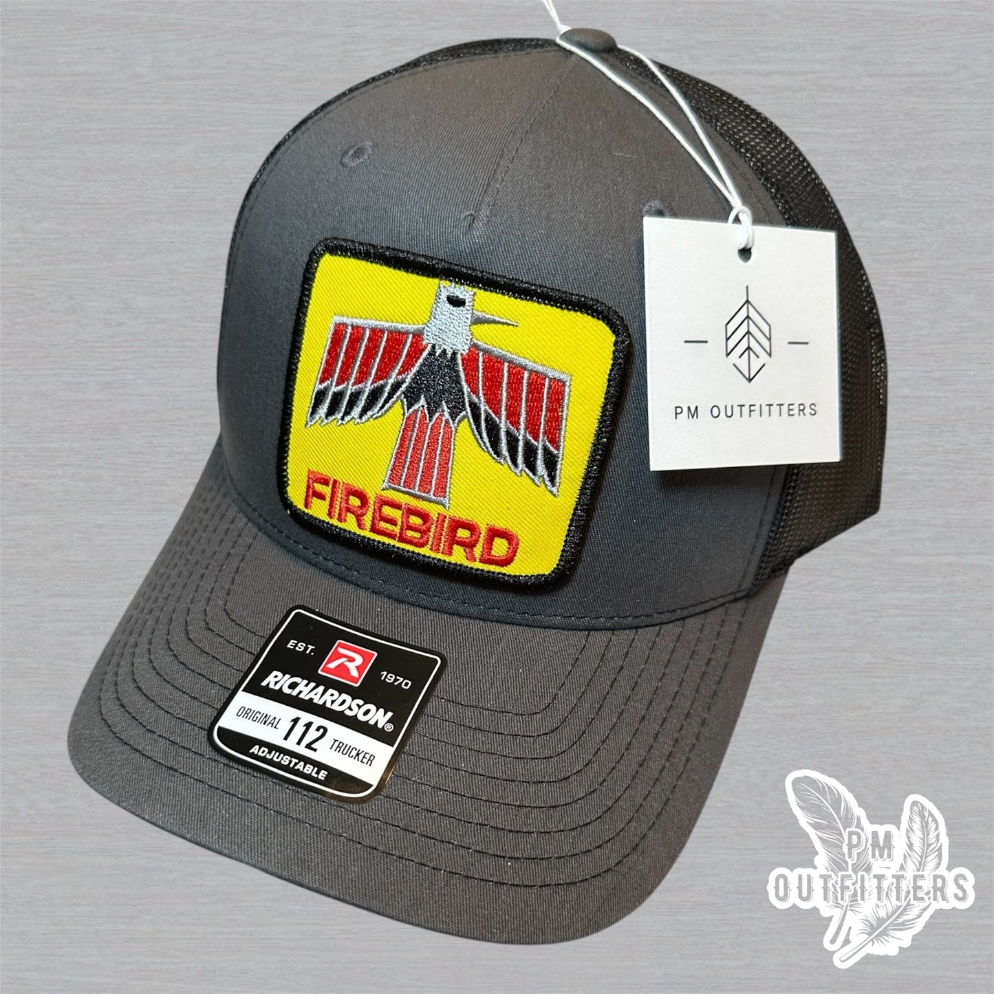 Vintage Firebird Logo Patch Charcoal and Black Richardson 112 Five-Panel Trucker Hat