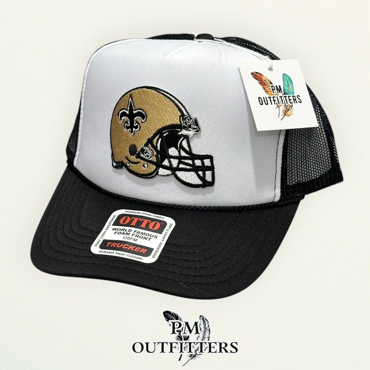 PM Outfitters New Orleans Saints helmet embroidered patch Otto foam front rope white black trucker hat