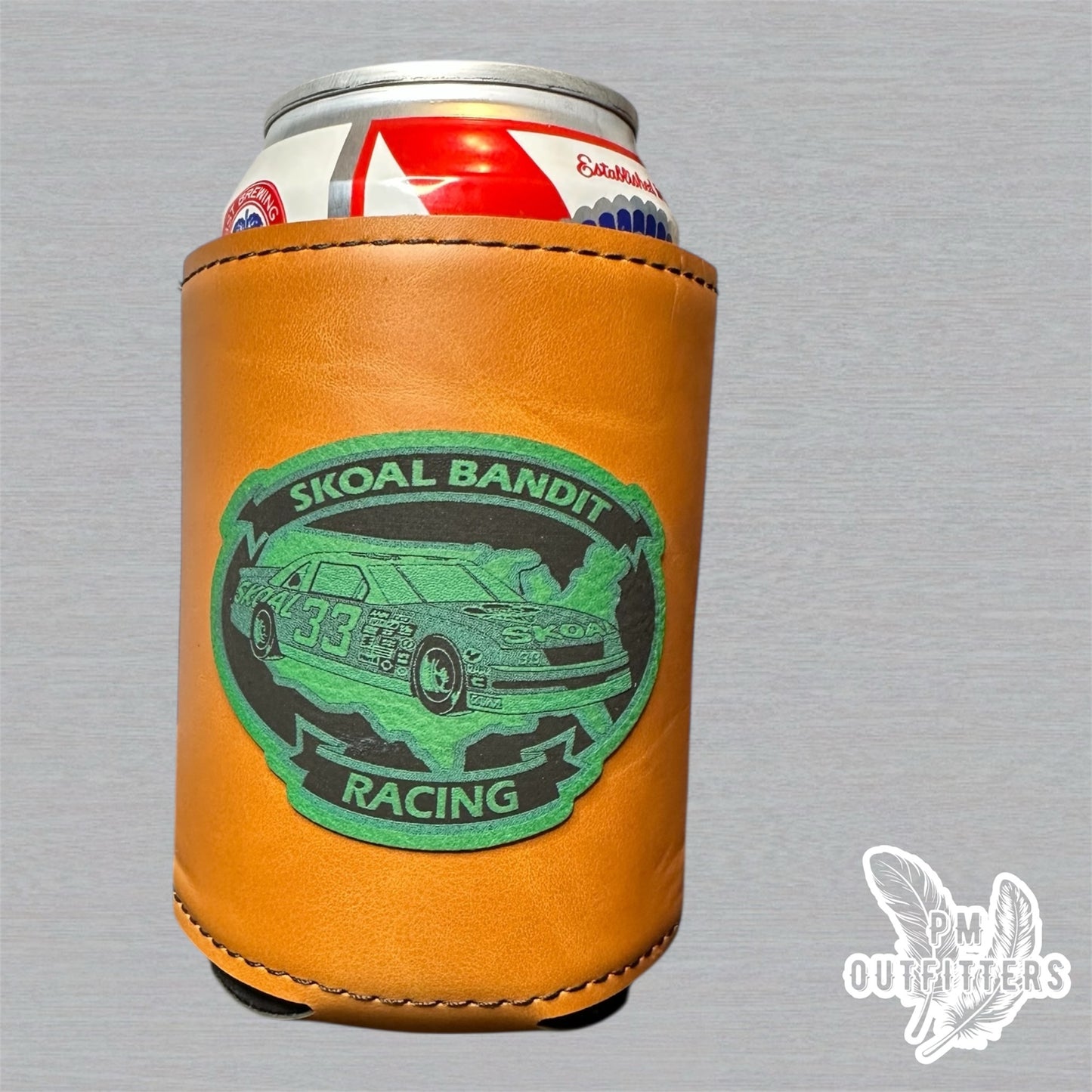 PM Outfitters Custom Laser Engraved Skoal Bandit Racing Premium Leatherette Can Cooler - Brown Koozie