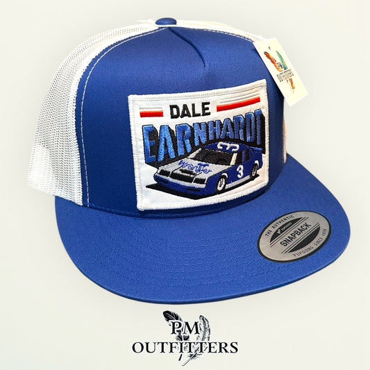 Dale Earnhardt Wrangler #3 NASCAR Trucker Hat — PM Outfitters Retro Patch | Yupoong Flat Bill Blue White Intimidator Heritage