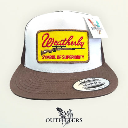 Weatherby Symbol of Superiority Trucker Hat — PM Outfitters Retro Patch | YP Classics Flat Bill White Brown Hunting Heritage