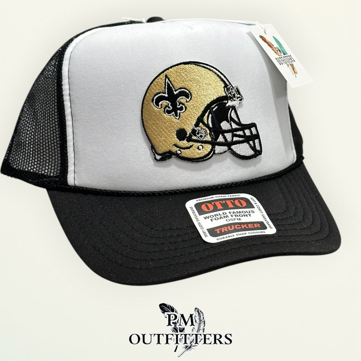 PM Outfitters New Orleans Saints helmet embroidered patch Otto foam front rope white black trucker hat