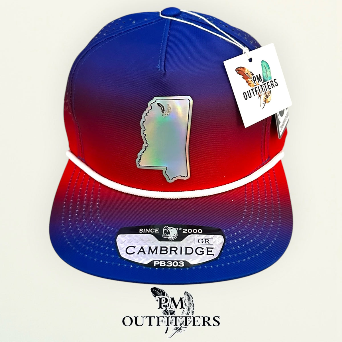 PM Outfitters Ole Miss Tailgate Season holographic vegan leather Mississippi state outline patch trucker hat Oxford two-feather logo blue red gradient