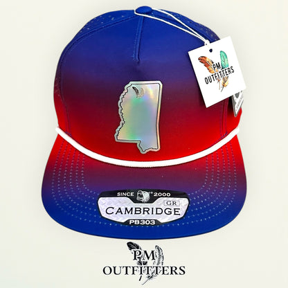 PM Outfitters Ole Miss Tailgate Season holographic vegan leather Mississippi state outline patch trucker hat Oxford two-feather logo blue red gradient