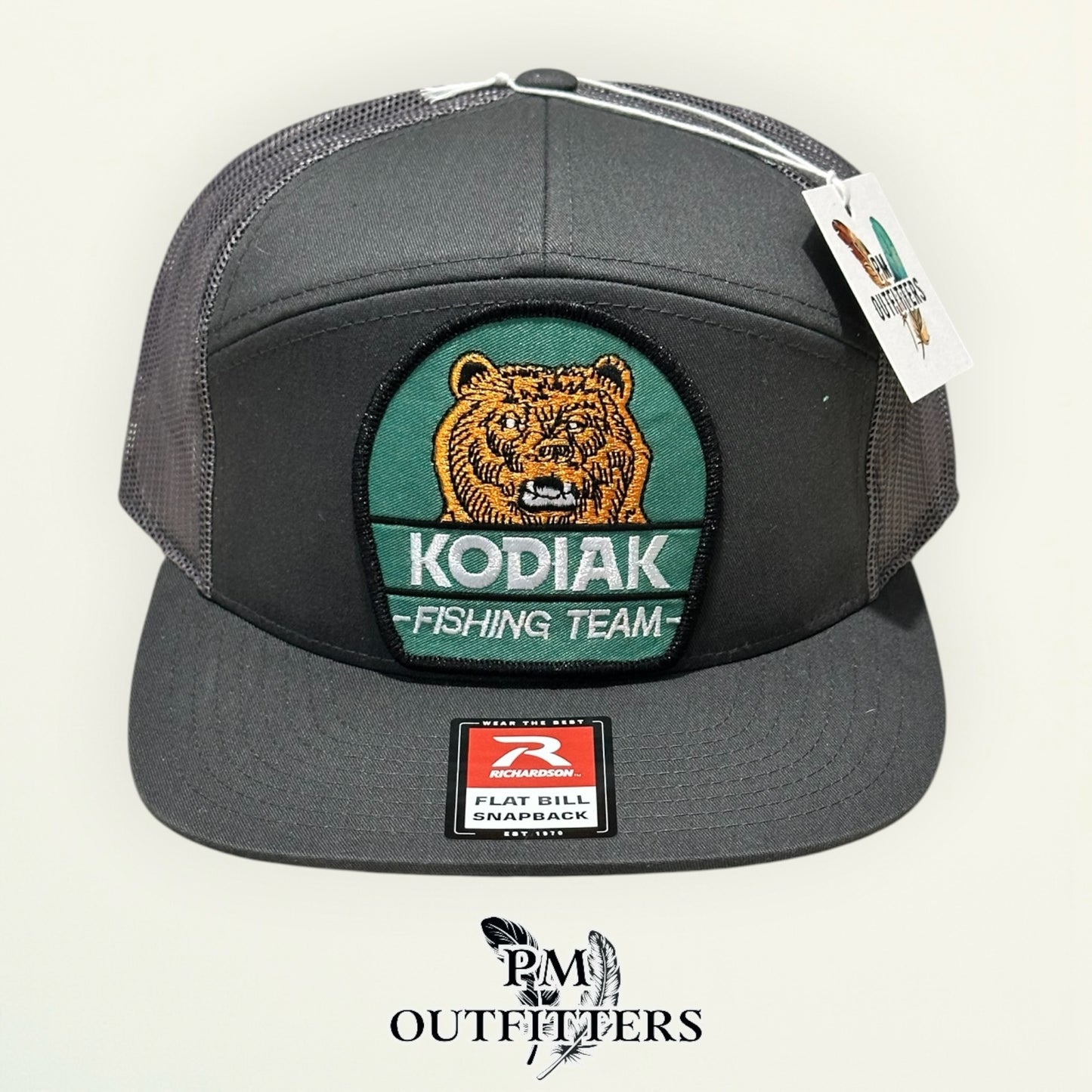 Kodiak Fishing Team Flat Bill Hat – PM Outfitters Retro Patch | Richardson 168 Charcoal Tobacco & Outdoor Heritage