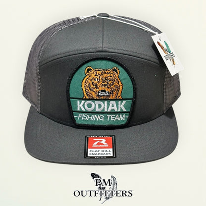 Kodiak Fishing Team Flat Bill Hat – PM Outfitters Retro Patch | Richardson 168 Charcoal Tobacco & Outdoor Heritage