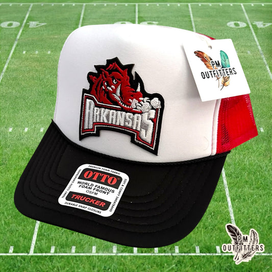 PM Outfitters Arkansas Razorbacks retro wordmark patch Otto foam front rope red black white trucker hat