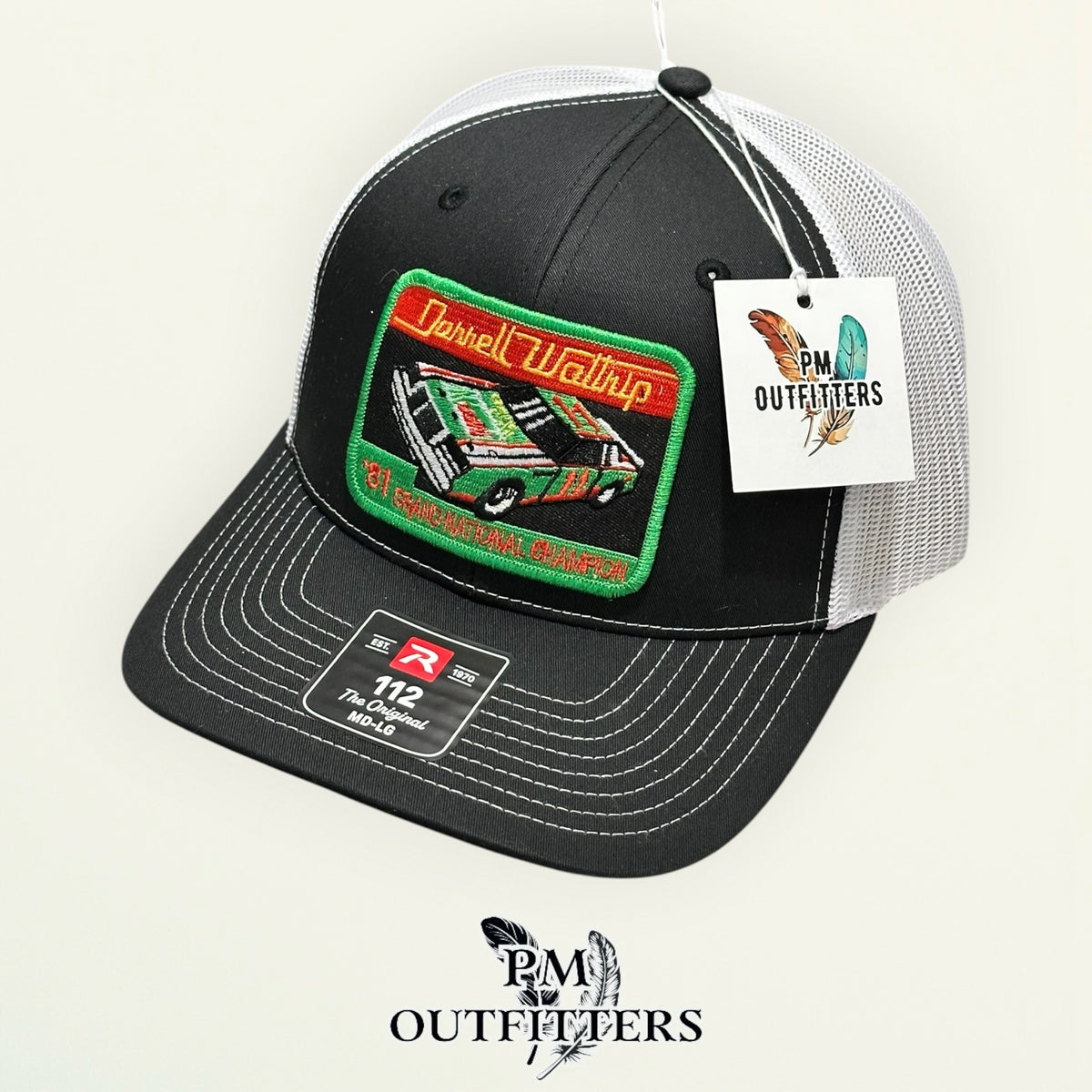 PM Outfitters hang tag Darrell Waltrip 1981 black white trucker hat
