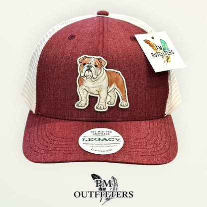 Legacy Mid-Pro Snapback heathered maroon and white trucker hat with hand-painted English Bulldog patch, PM Outfitters True Originals