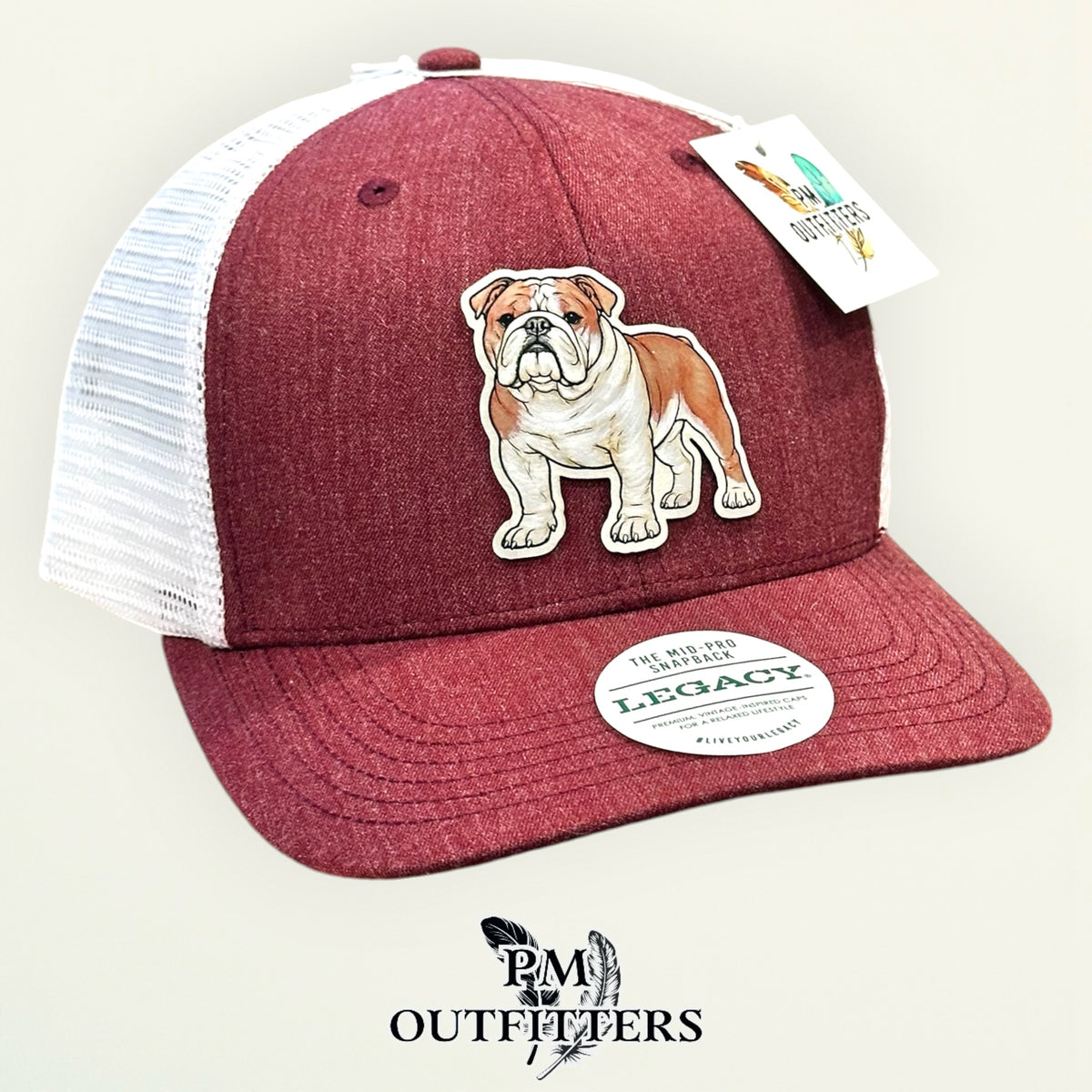 Heathered maroon and white Legacy Mid-Pro trucker hat with hand-painted Bulldog patch, Mississippi State theme, PM Outfitters True Originals