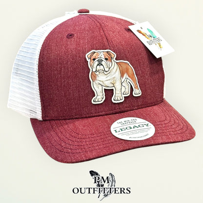 Heathered maroon and white Legacy Mid-Pro trucker hat with hand-painted Bulldog patch, Mississippi State theme, PM Outfitters True Originals