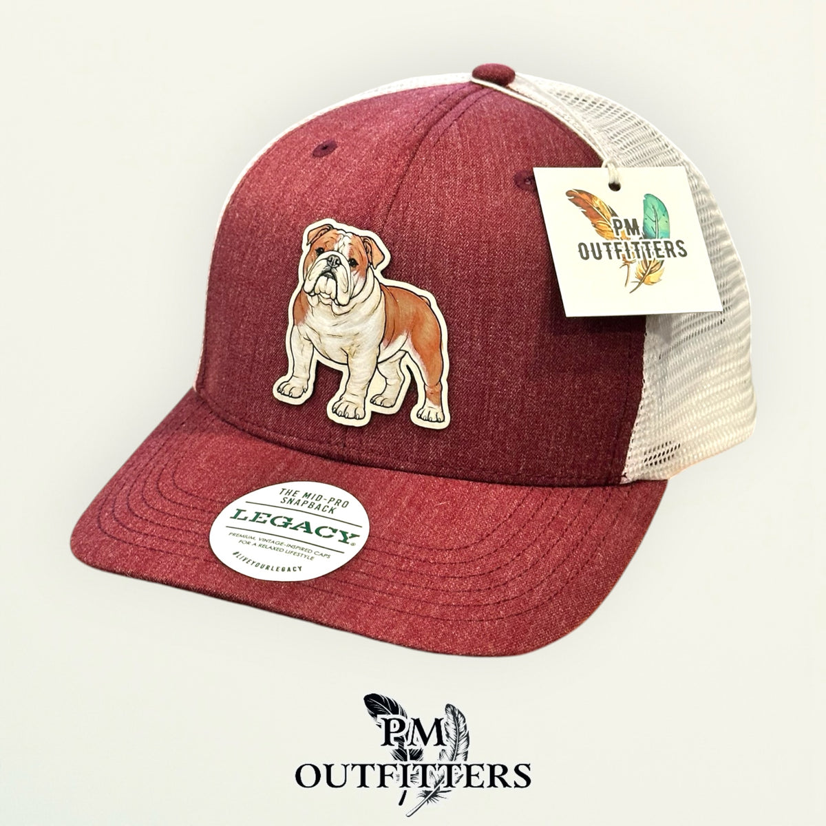 Hand-painted English Bulldog trucker hat in maroon and white with snapback closure, PM Outfitters True Originals