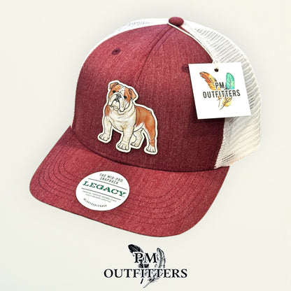 Hand-painted English Bulldog trucker hat in maroon and white with PM Outfitters hang tag