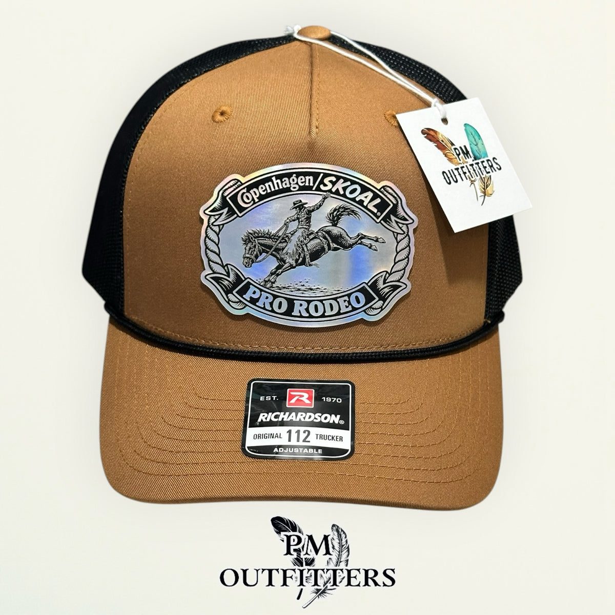 Copenhagen Skoal Pro Rodeo caramel black rope Richardson 112 hat with holographic saddle bronc patch, second rotated angle view