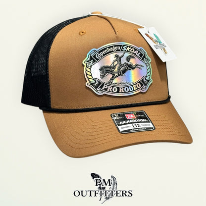 Copenhagen Skoal Pro Rodeo caramel black rope Richardson 112 hat with holographic saddle bronc patch, third rotated angle view