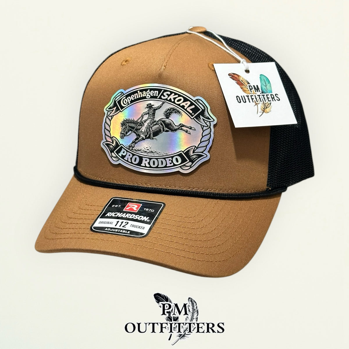 Copenhagen Skoal Pro Rodeo caramel black rope Richardson 112 hat with holographic saddle bronc patch, fourth rotated angle view