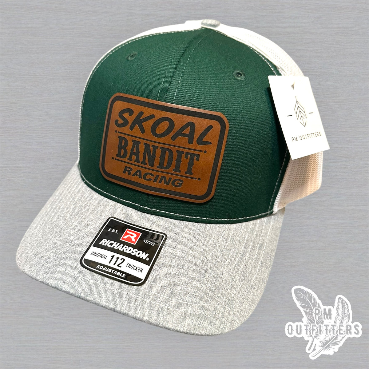 PM Outfitters hang tag Skoal Bandit Racing green gray white trucker hat