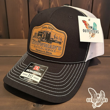 PM Outfitters Snowman's Bootleg Service trucker hat Richardson 112 black white laser engraved vegan leather patch Smokey Bandit
